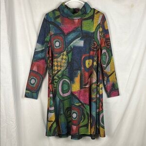 Geometric Abstract Art Turtleneck Long Sleeve Midi Dress